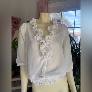 Y2K AB Studio White Ruffle Peasant Blouse | Smocked Waist Boho Top Size Small